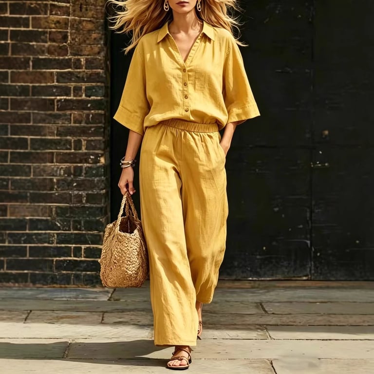 Women's Linen Two-Piece Set | Short-Sleeve Shirt & Loose Pants thumbnail 2