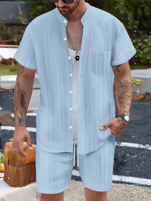 Men's Casual Stand Collar Ribbed Shirt & Shorts Set | Two-Piece thumbnail 15
