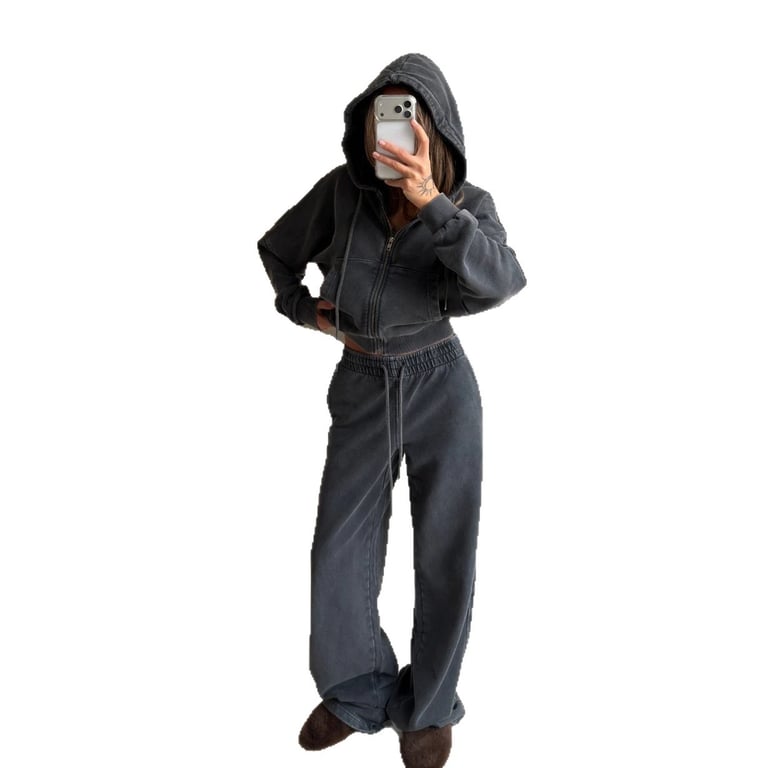 Women's Washed Hoodie Two-Piece Set | Cropped Hoodie & Wide-Leg Pants thumbnail 1