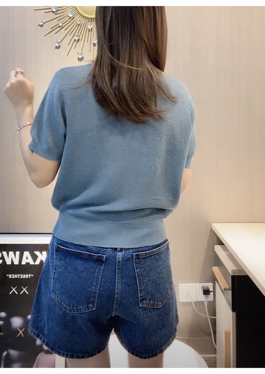 Women's V-Neck Ice-Silk Knitted T-Shirt Top | Breathable Blue Cardigan thumbnail 15