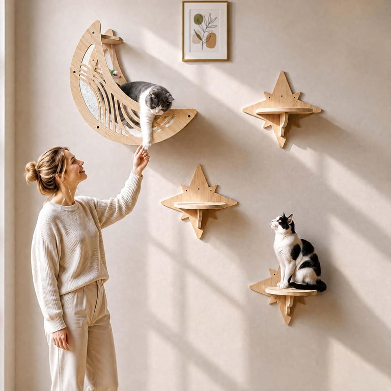 Wooden Star And Moon Hammock Cat Wall Set | Home & Kitchen Pet Furniture thumbnail 12