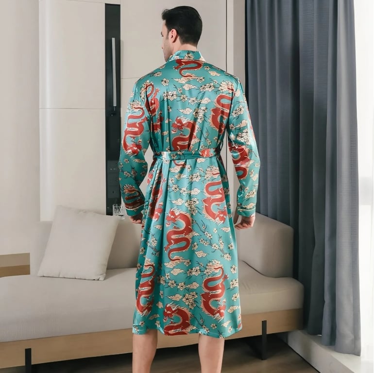 Men's Ice-Silk Dragon Print Long-Sleeve Loungewear Nightgown | Cooling Robe thumbnail 3