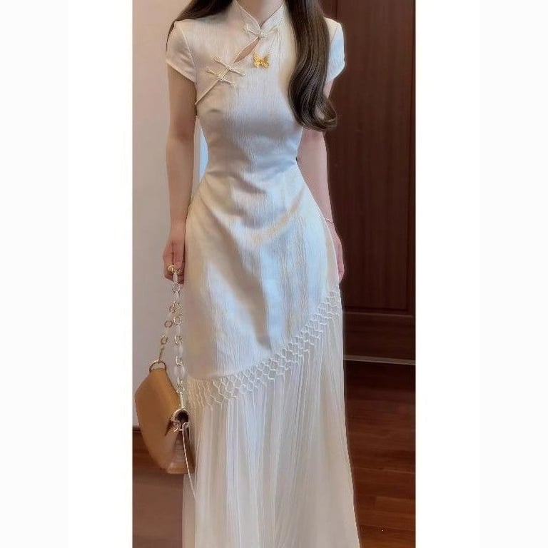 Chinese-Style Cheongsam Dress for Women | Elegant Cream Qipao thumbnail 1