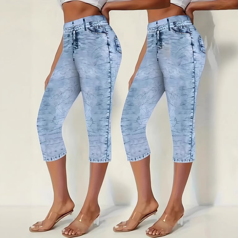 Denim-Look High-Stretch Capri Leggings | Summer High-Waisted Tight-Fit thumbnail 2