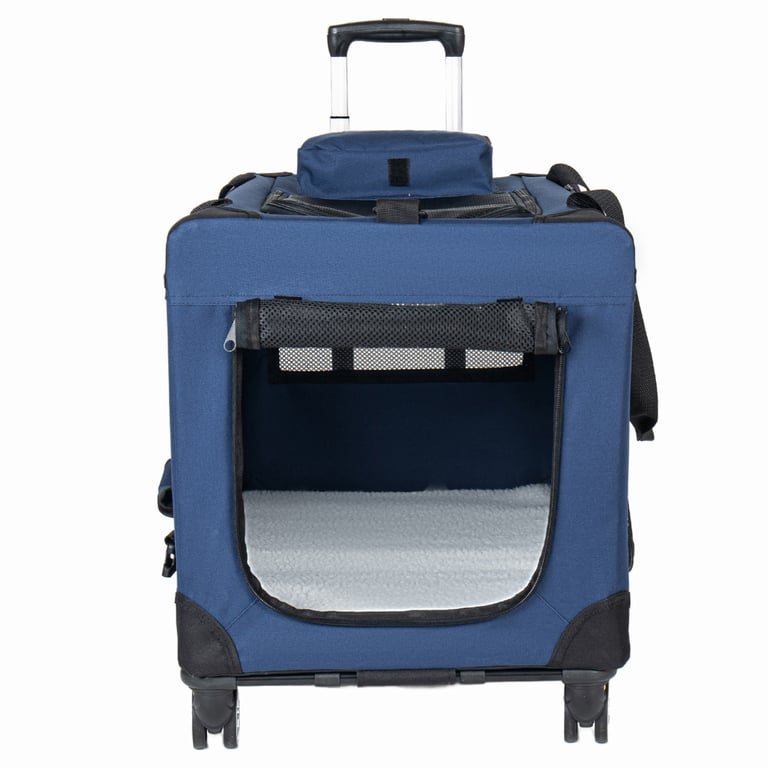 2 In 1, 24   Collapsible Travel Dog Crate For Medium Large Dogs, Rolling Pet Carrier With Wheels, 3-Door Portable Folding Pet Kennel With Mesh Windows, Indoor Outdoor Travel Use, Dark Blue thumbnail 3