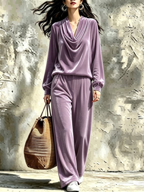 Women's Fall Winter Drop-Shoulder Velvet Top & Straight-Leg Pants Set thumbnail 9