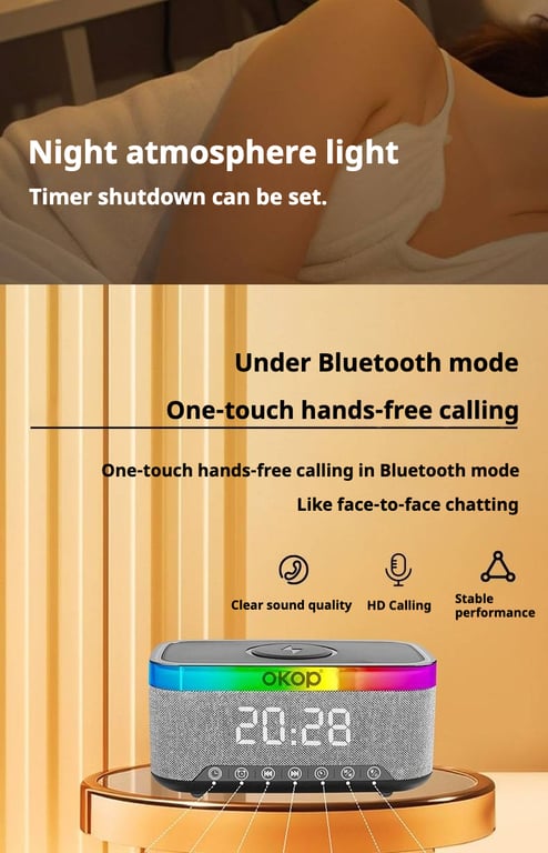 KP-559 15W Wireless Charging Clock Alarm Clock RGB Ambient Light White Noise Desktop Bluetooth Speaker thumbnail 9