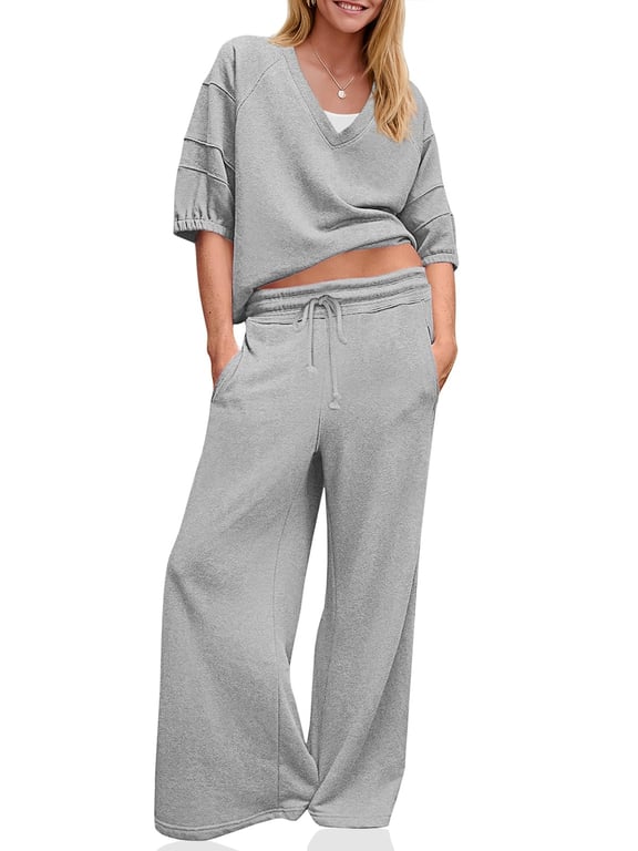 Women's 2 Piece Wide Leg Tracksuit Set | V Neck Casual Workout thumbnail 4