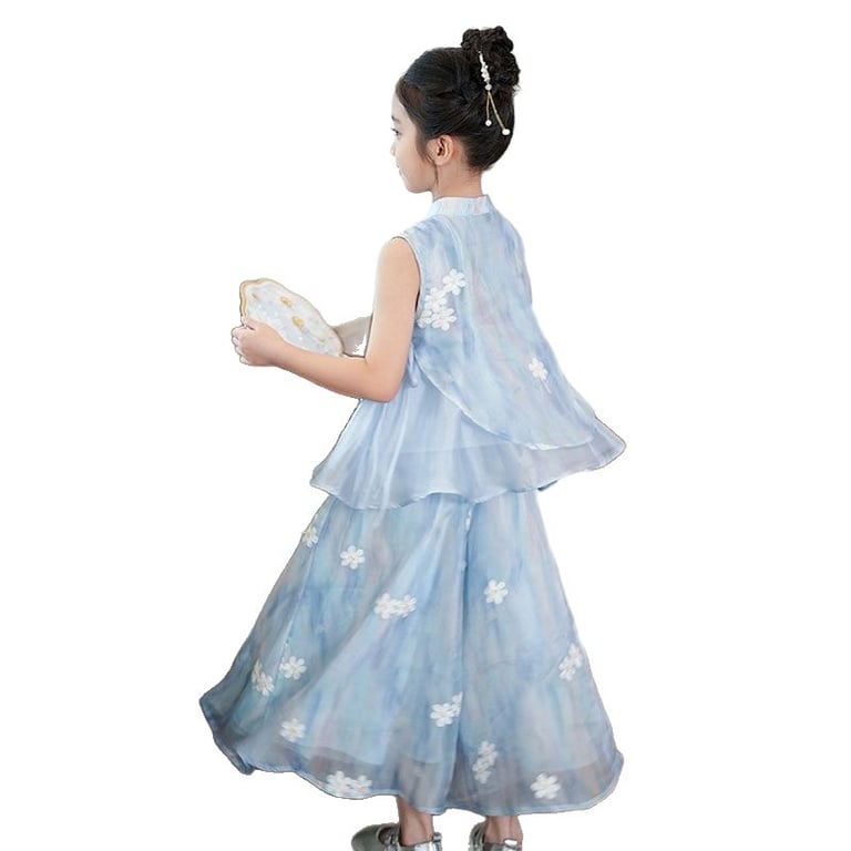 Girls' Blue Floral Two-Piece Vest Top Set | Chinese-Inspired thumbnail 1