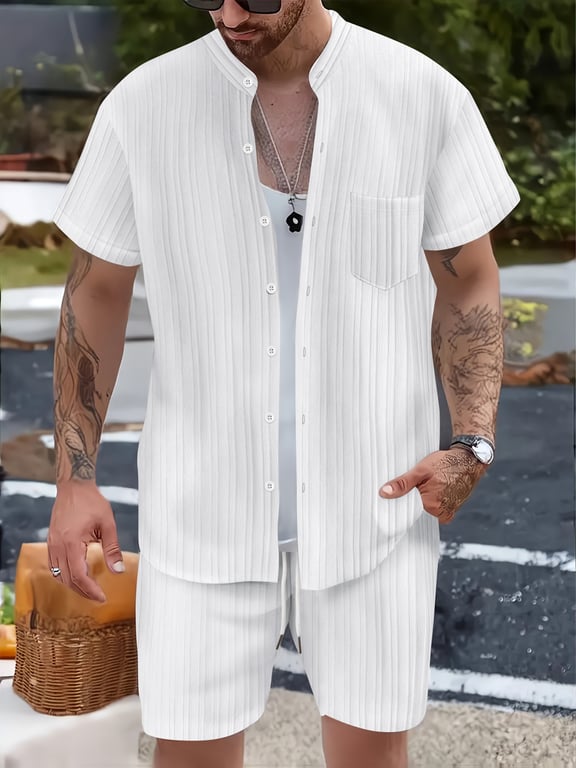 Men's Casual Stand Collar Ribbed Shirt & Shorts Set | Two-Piece thumbnail 12