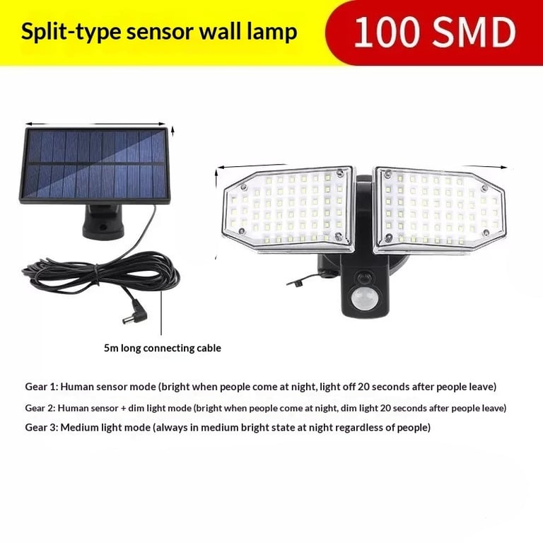 Solar Dual-Head Motion Sensor Lamp | 100 SMD LEDs, 5M Cable thumbnail 1