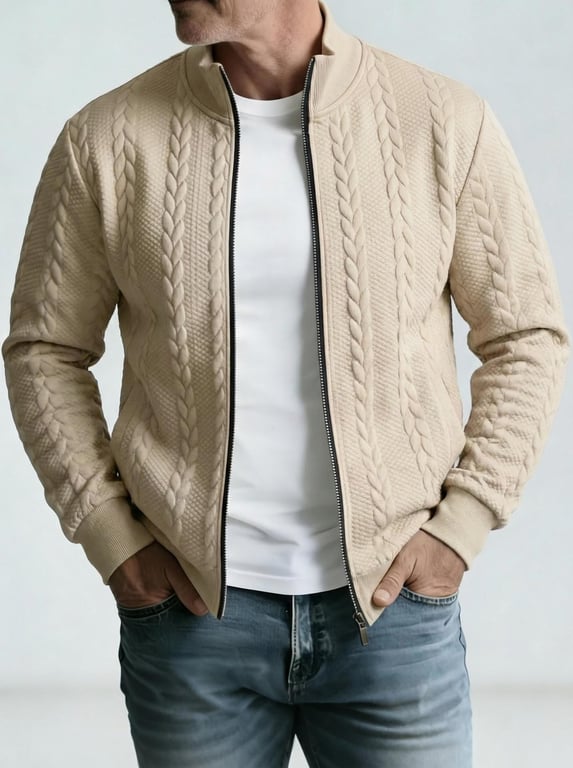 Men's Jacquard Stand-Neck Jacket | Textured Bomber Style Canada thumbnail 3