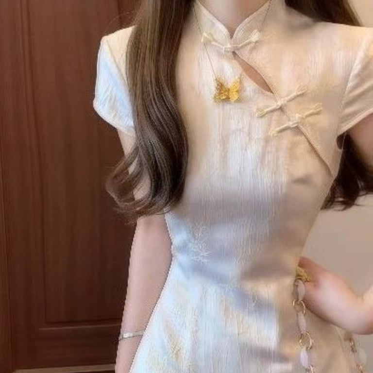 Chinese-Style Cheongsam Dress for Women | Elegant Cream Qipao thumbnail 6