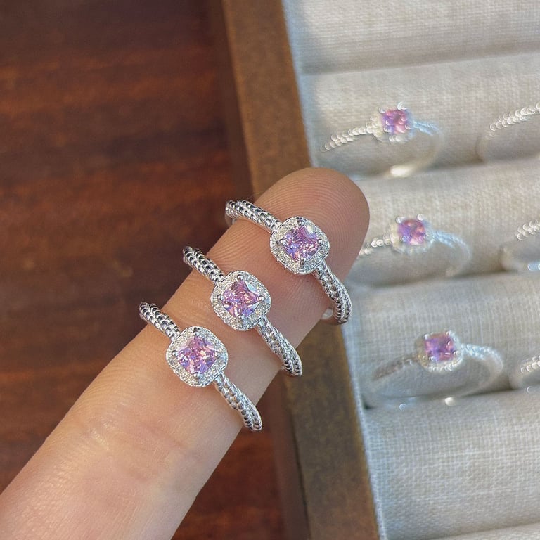Pink Cushion Cut CZ Sterling Silver Ring | Halo Pave Twisted Band thumbnail 5