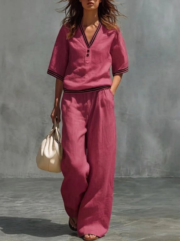 Cotton-Linen V-Neck Shirt & Pants Set | Casual Comfort thumbnail 4