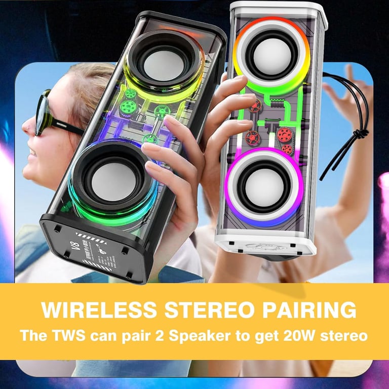 Portable Bluetooth Speaker With LED Lights&Transparent Casing, Bluetooth 5.3 Wireless Outdoor Speakers Support TWS PairingTF Card, 10W Stereo Sound, Electronics For Home, Outdoors, Travel Black thumbnail 8