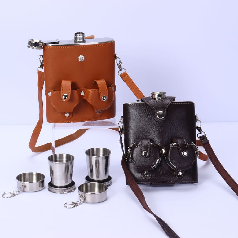Portable Backpack Flask Sleeve with Telescoping Cups | Leather thumbnail 6