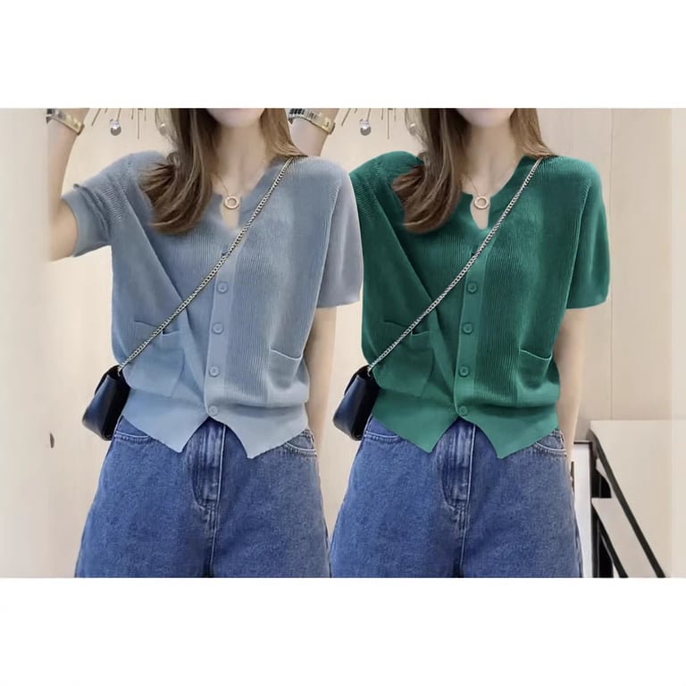 Women's V-Neck Ice-Silk Knitted T-Shirt Top | Breathable Blue Cardigan thumbnail 18
