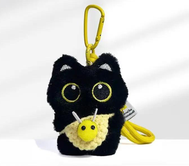 Black Cat Pendant Keychain with Bee Bib | Cute Plush Charm thumbnail 9