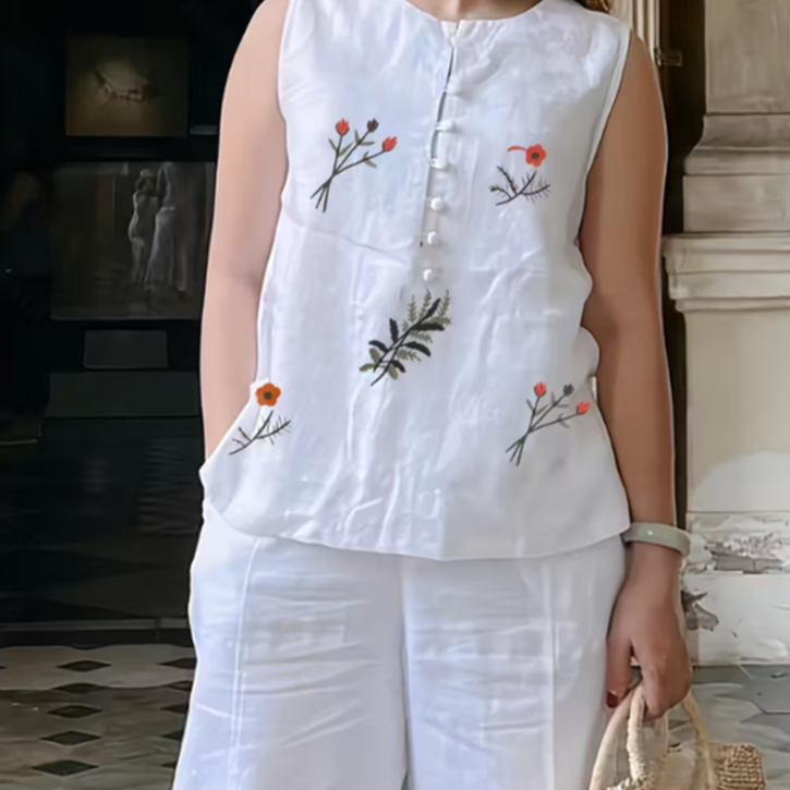 White Floral Embroidered Women's Linen Set | Relaxed Two-Piece thumbnail 3