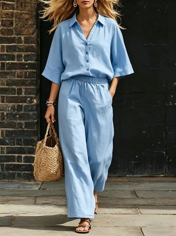 Women's Linen Two-Piece Set | Short-Sleeve Shirt & Loose Pants thumbnail 3