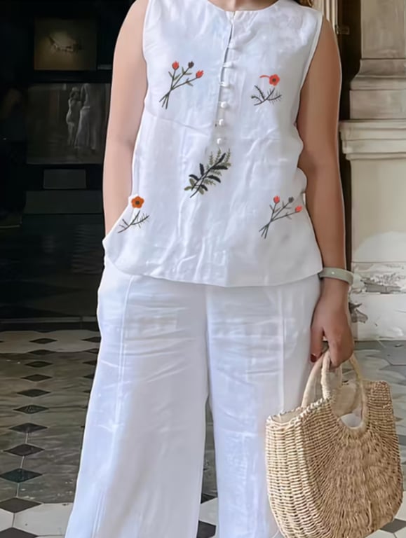 White Floral Embroidered Women's Linen Set | Relaxed Two-Piece thumbnail 1