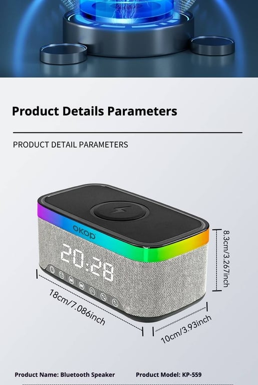 KP-559 15W Wireless Charging Clock Alarm Clock RGB Ambient Light White Noise Desktop Bluetooth Speaker thumbnail 12