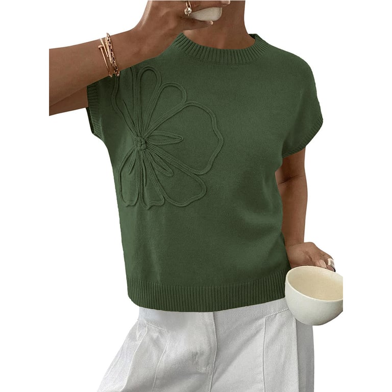 Jacquard Womens Knitted Short-Sleeve Flower Sweater | Soft Casual Top thumbnail 6