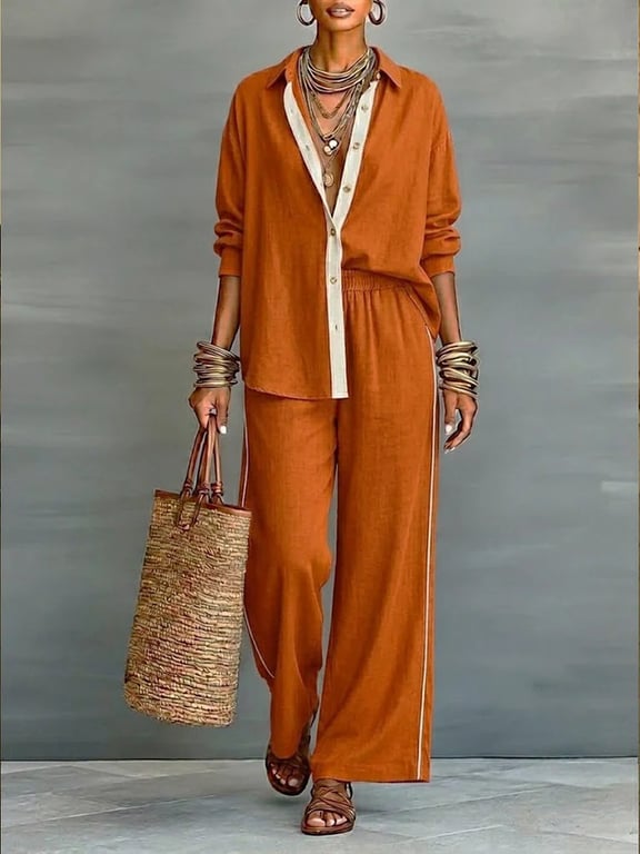Women's Contrast-Color Casual Loose Pants Two-Piece Set | Comfy thumbnail 16