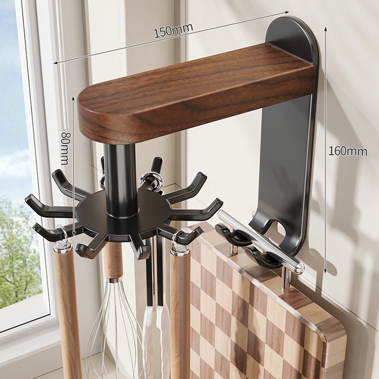 Walnut Wood Swivel Kitchen Hooks | Wall-Mounted Storage Organizer thumbnail 2