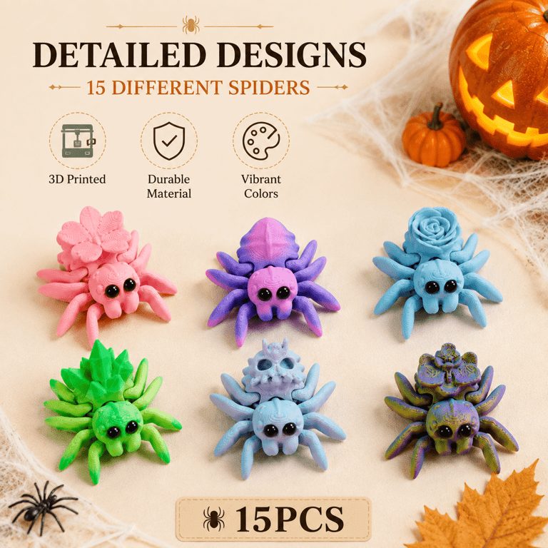15PCS 3D Printed Mini Spider Figurine Set | Cute Halloween Desk Organizer thumbnail 3