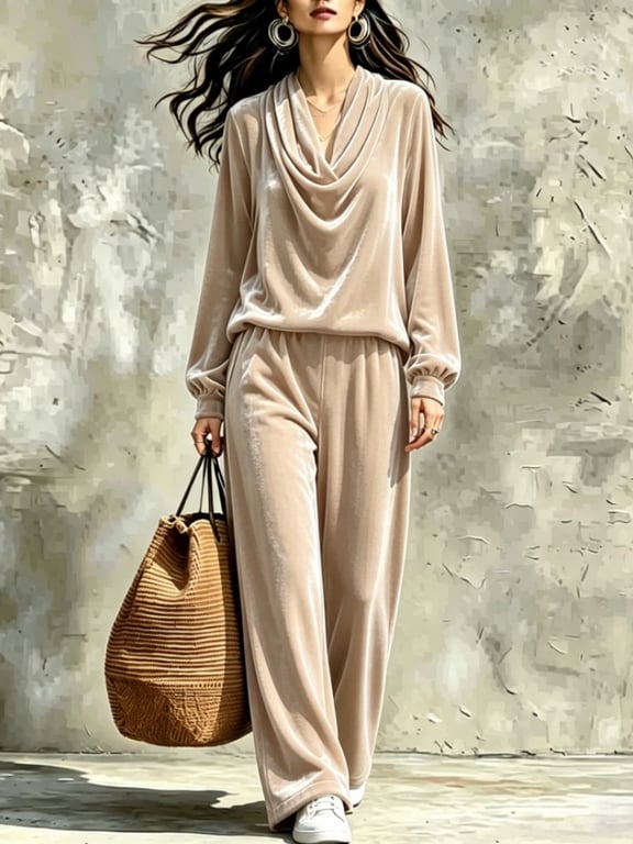 Women's Fall Winter Drop-Shoulder Velvet Top & Straight-Leg Pants Set thumbnail 13
