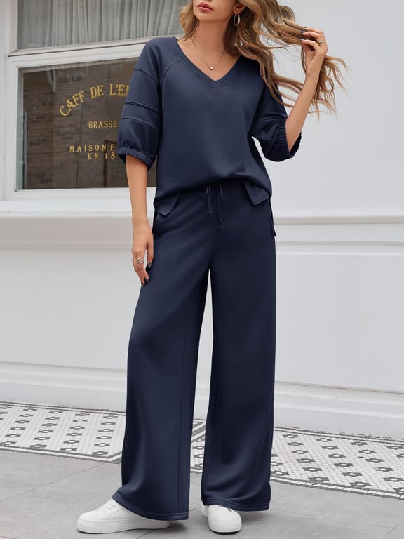 Women's 2 Piece Wide Leg Tracksuit Set | V Neck Casual Workout thumbnail 12