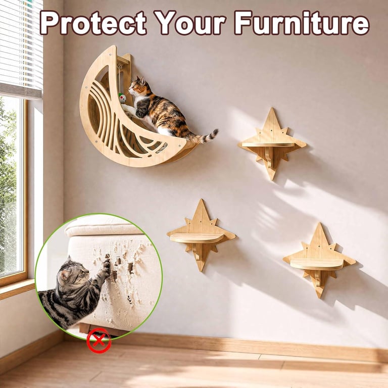 Wooden Star And Moon Hammock Cat Wall Set | Home & Kitchen Pet Furniture thumbnail 8