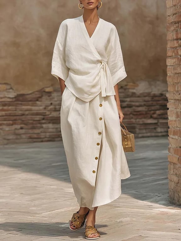 Women's Linen Two-Piece Set | Wrap Top & Button Skirt Canada thumbnail 9