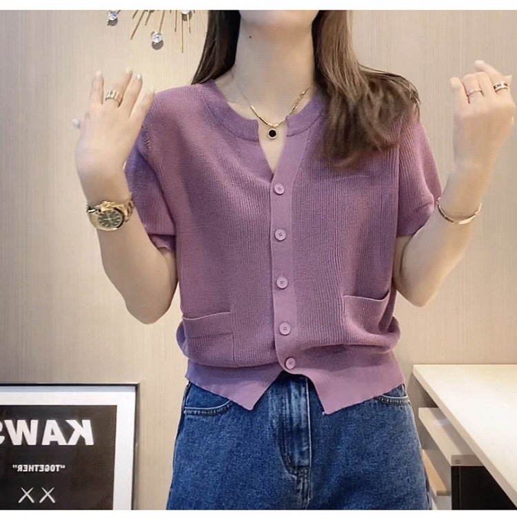 Women's V-Neck Ice-Silk Knitted T-Shirt Top | Breathable Blue Cardigan thumbnail 16