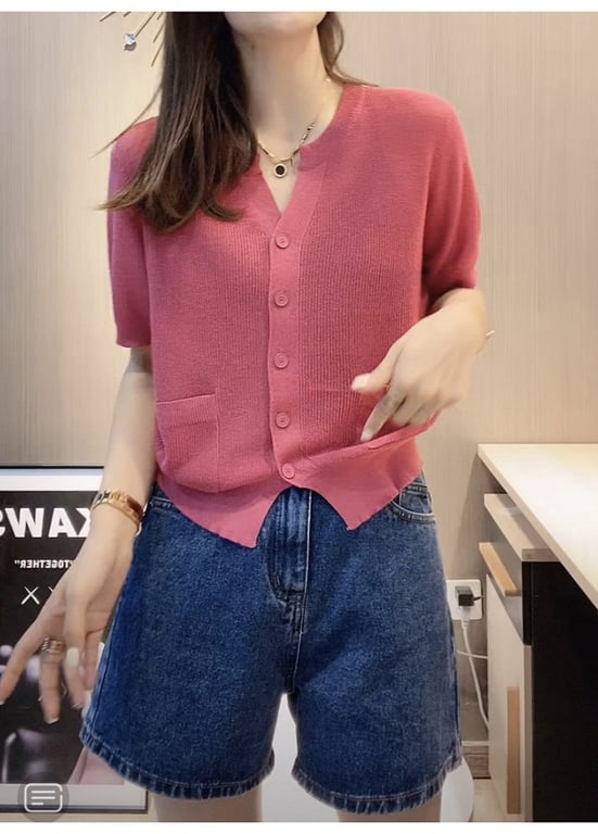 Women's V-Neck Ice-Silk Knitted T-Shirt Top | Breathable Blue Cardigan thumbnail 10
