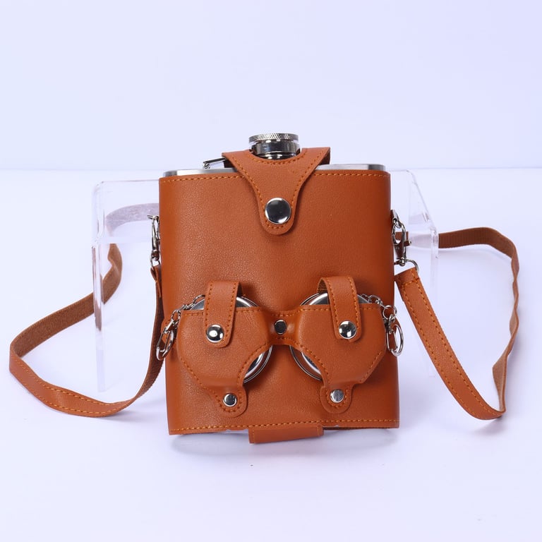 Portable Backpack Flask Sleeve with Telescoping Cups | Leather thumbnail 1