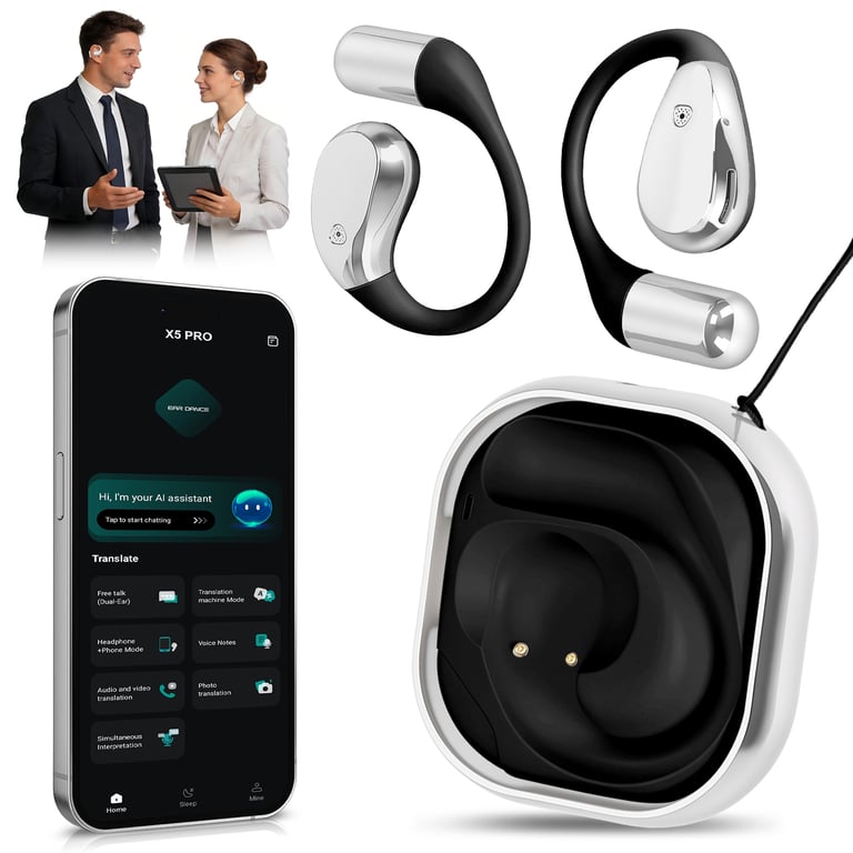 Open-Ear AI Translation Earbuds 165 Language Real Time AI Headphone Wireless 6.0 Translating Earbuds With 360 Degree Rotating Charging Case Lanyard For Travel Meetings Language Learning thumbnail 8