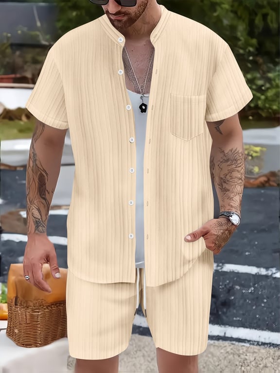 Men's Casual Stand Collar Ribbed Shirt & Shorts Set | Two-Piece thumbnail 13