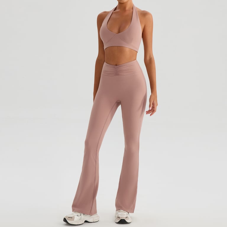 Halter Yoga Sports Bra & Flared Leggings Set | Women's Fitness Outfit thumbnail 2
