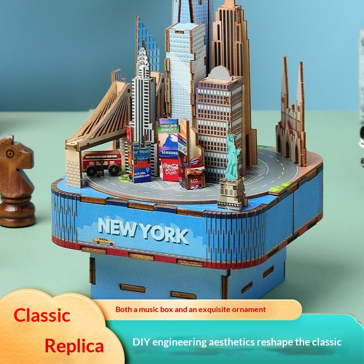 3D Wooden Puzzle Music Box | Handmade City Skyline Model thumbnail 6