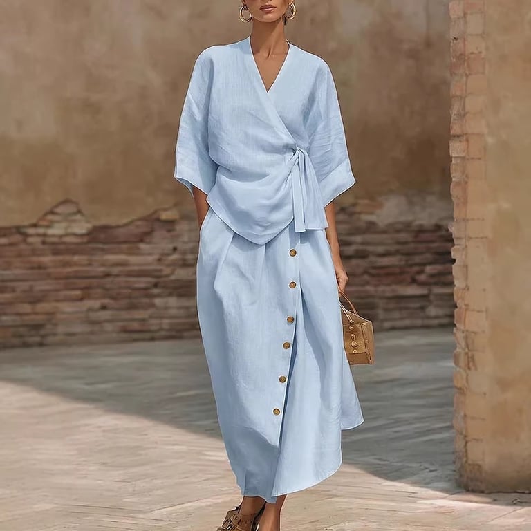 Women's Linen Two-Piece Set | Wrap Top & Button Skirt Canada thumbnail 1