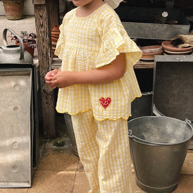 Yellow Plaid Ruffle-Sleeve Kids Set | Nordic Summer Outfit Girls