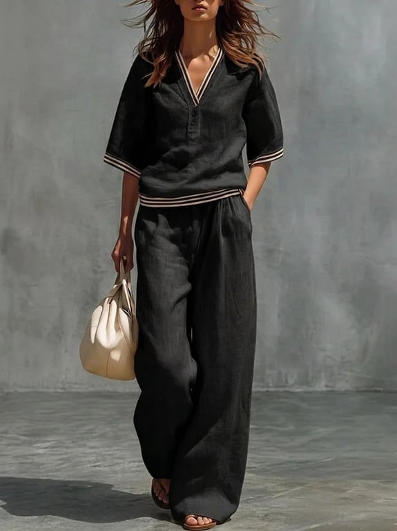 Cotton-Linen V-Neck Shirt & Pants Set | Casual Comfort thumbnail 11