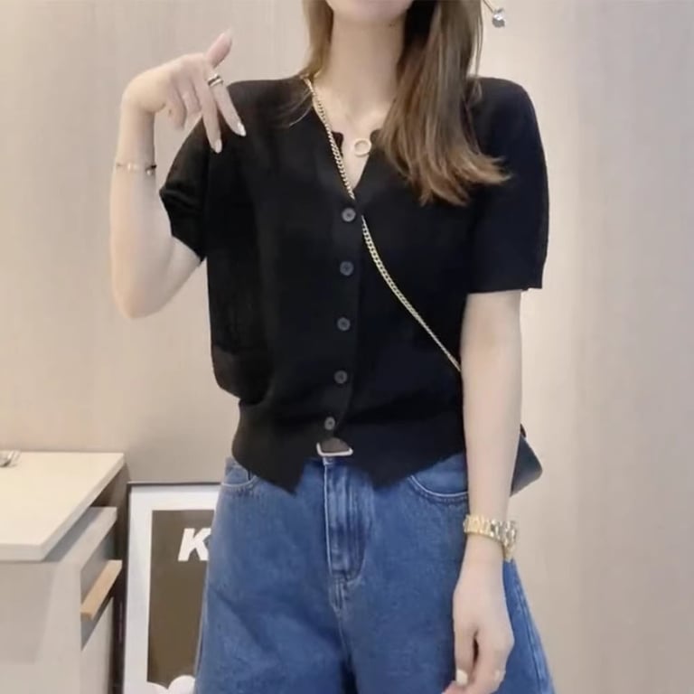 Women's V-Neck Ice-Silk Knitted T-Shirt Top | Breathable Blue Cardigan thumbnail 5