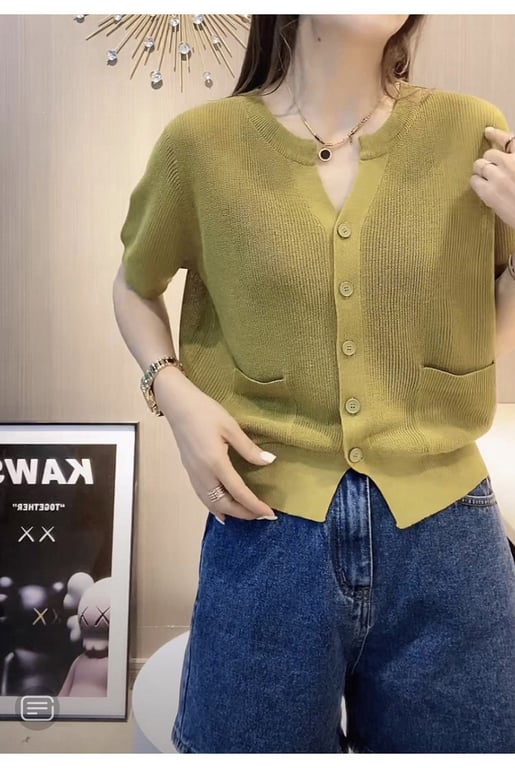 Women's V-Neck Ice-Silk Knitted T-Shirt Top | Breathable Blue Cardigan thumbnail 14
