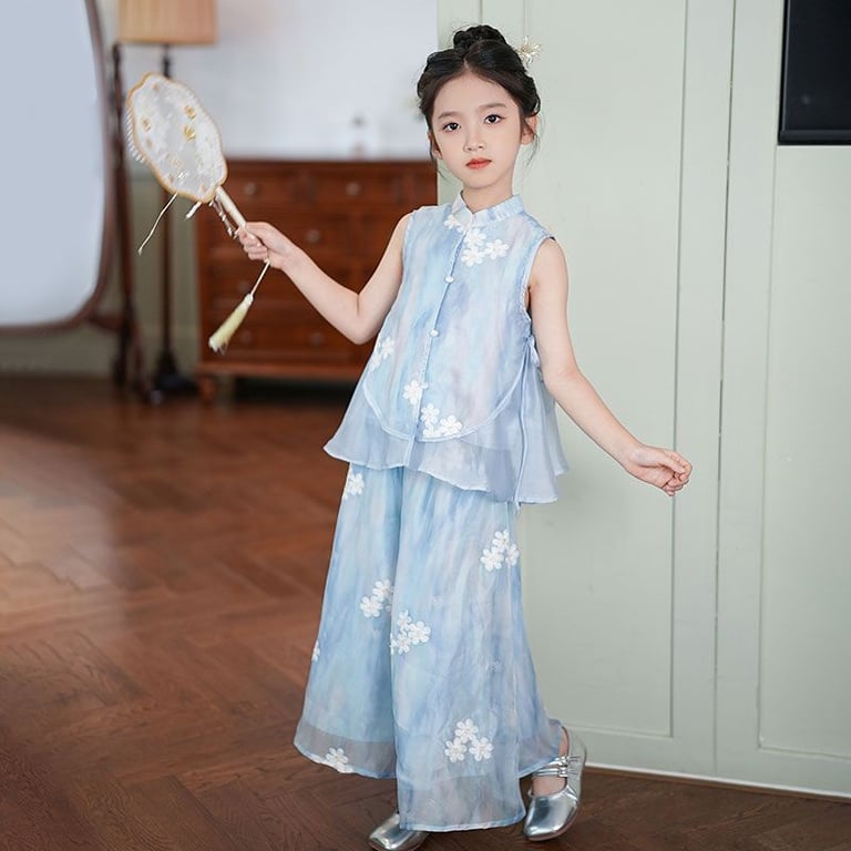 Girls' Blue Floral Two-Piece Vest Top Set | Chinese-Inspired