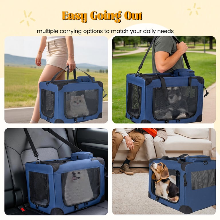 32   Soft Dog Crates Kennel, 3-Door Portable Folding Pet Carrier With Mesh Windows, Straps And Fleece Mat For Dogs, Cats, Rabbits, Meeting The Needs For Indoor, Outdoor, And Travel Use, Dark Blue thumbnail 7
