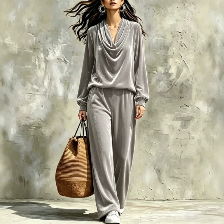 Women's Fall Winter Drop-Shoulder Velvet Top & Straight-Leg Pants Set thumbnail 12